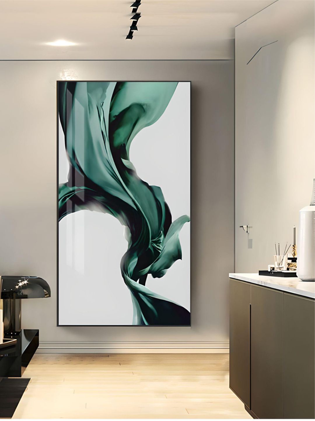 

THE HANDMADE FLAIR Green & White Flowing Silk Nordic Painting Framed Wall Art