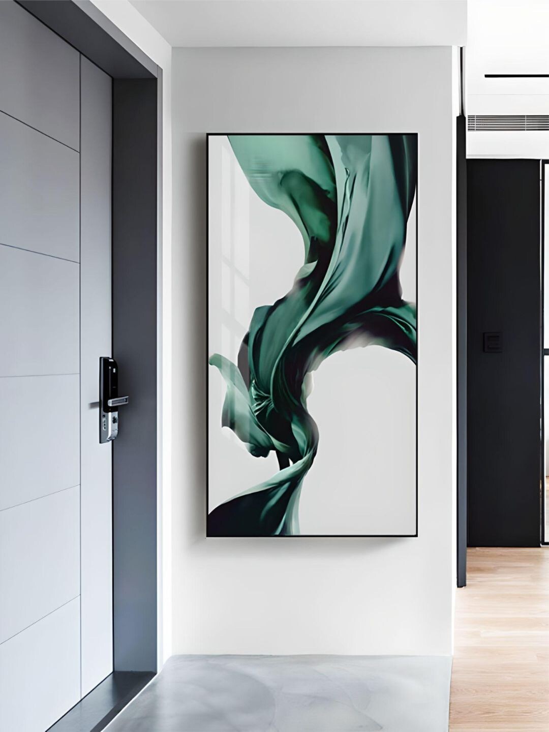 

THE HANDMADE FLAIR White & Green Flowing Silk Minimalist Nordic Painting Framed Wall Art