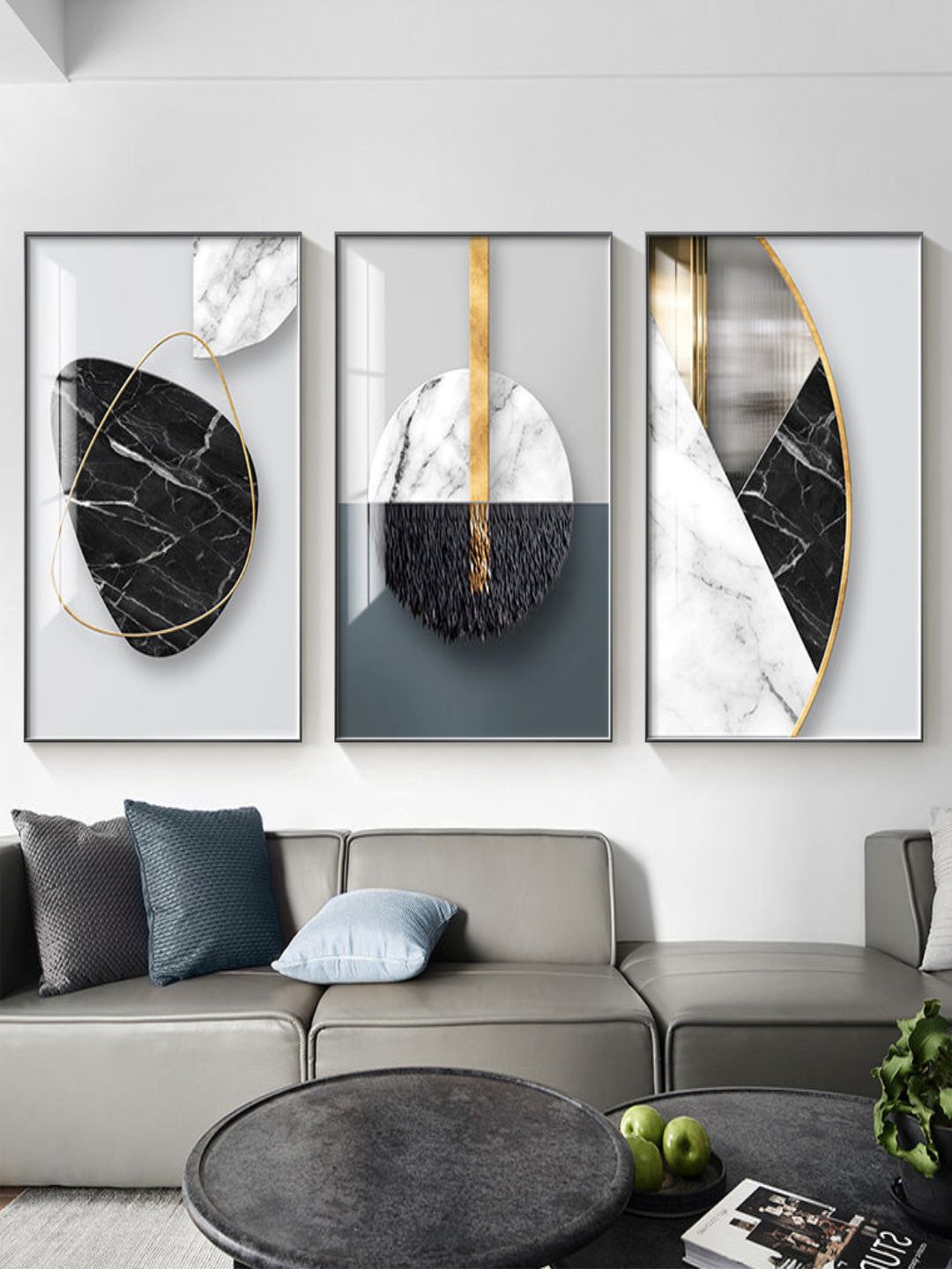 

THE HANDMADE FLAIR Blue & Grey 3 Pierces 3d Effect Painting Wall Art, Black