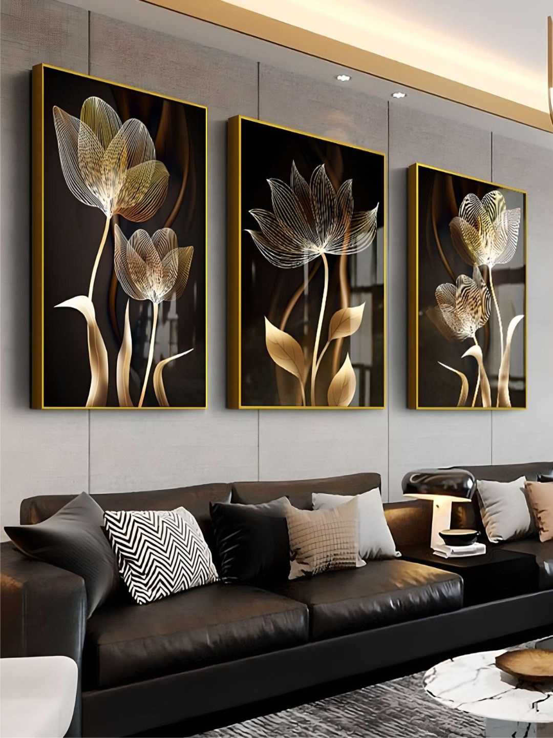 

THE HANDMADE FLAIR Black & Beige 3 Pieces Floral Painted Wall Art