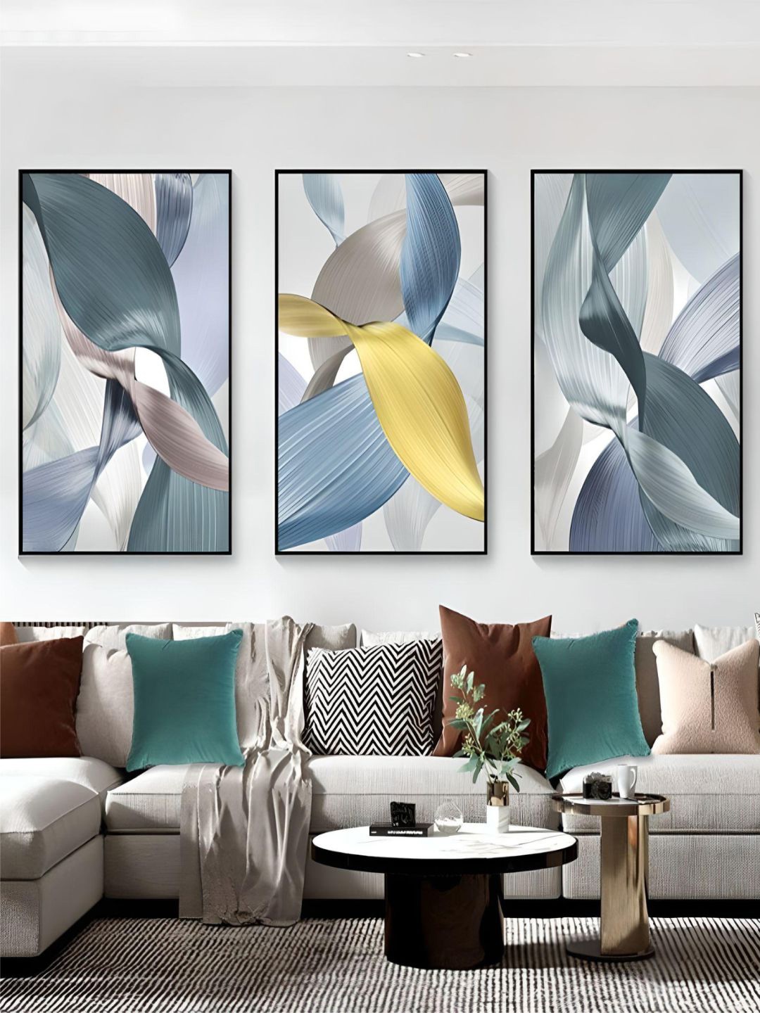 

THE HANDMADE FLAIR Blue 3 Pieces Colorful Abstract Flowing Ribbon Nordic Wall Art, Grey