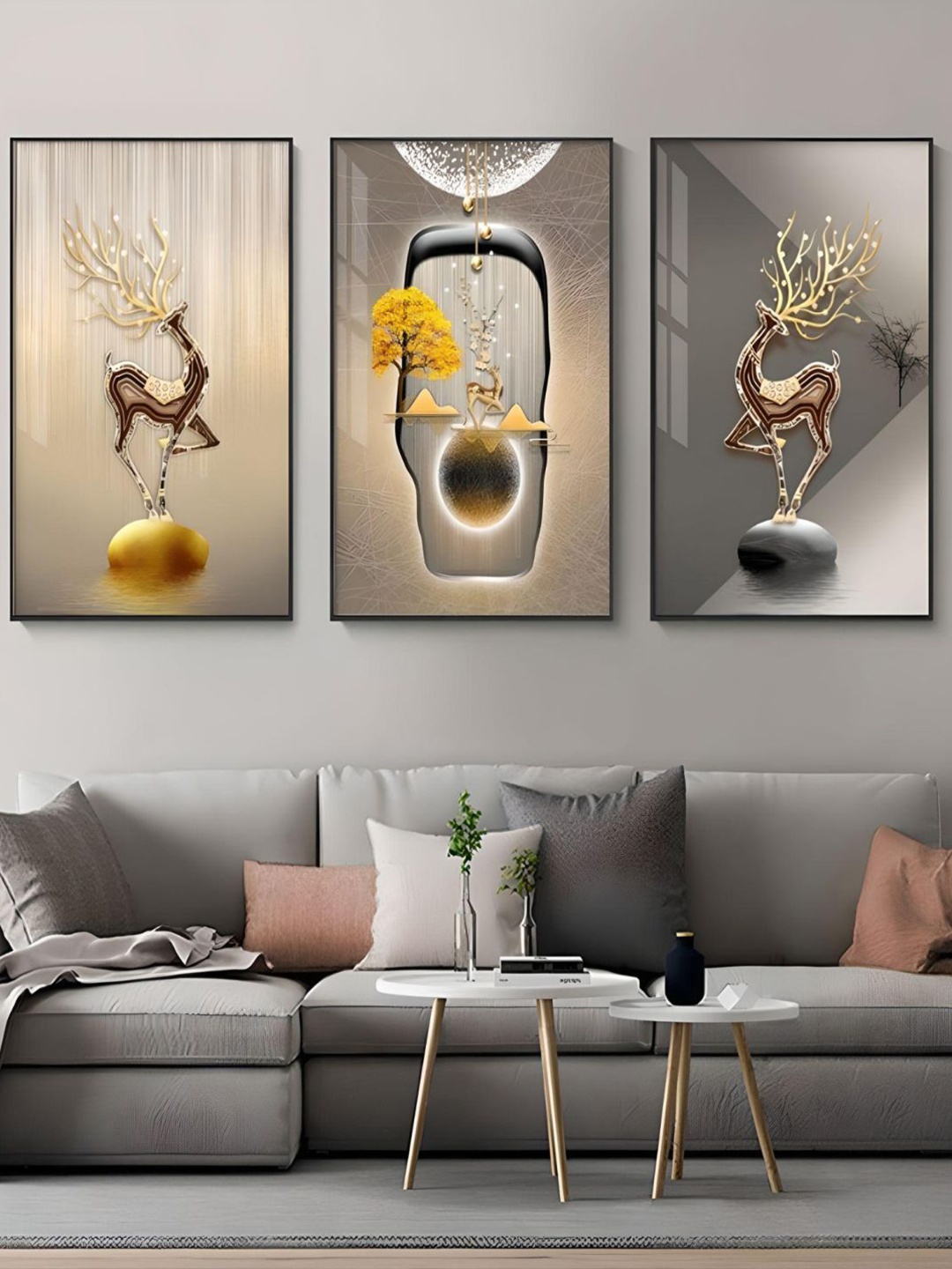 

THE HANDMADE FLAIR Brown 3-Pieces Abstract Auspicious Golden Stag Wall Arts