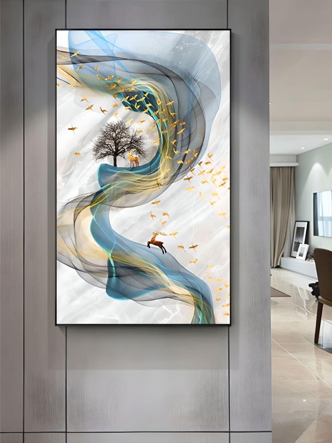 

THE HANDMADE FLAIR Golden & Grey Abstract Stags Luxurious Nordic Painting Wall Art, Gold