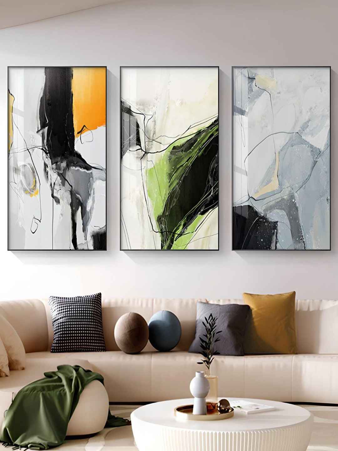 

THE HANDMADE FLAIR Crystal Porcelain Grey & Black 3Pcs Nordic Geomorphic Abstract Wall Art