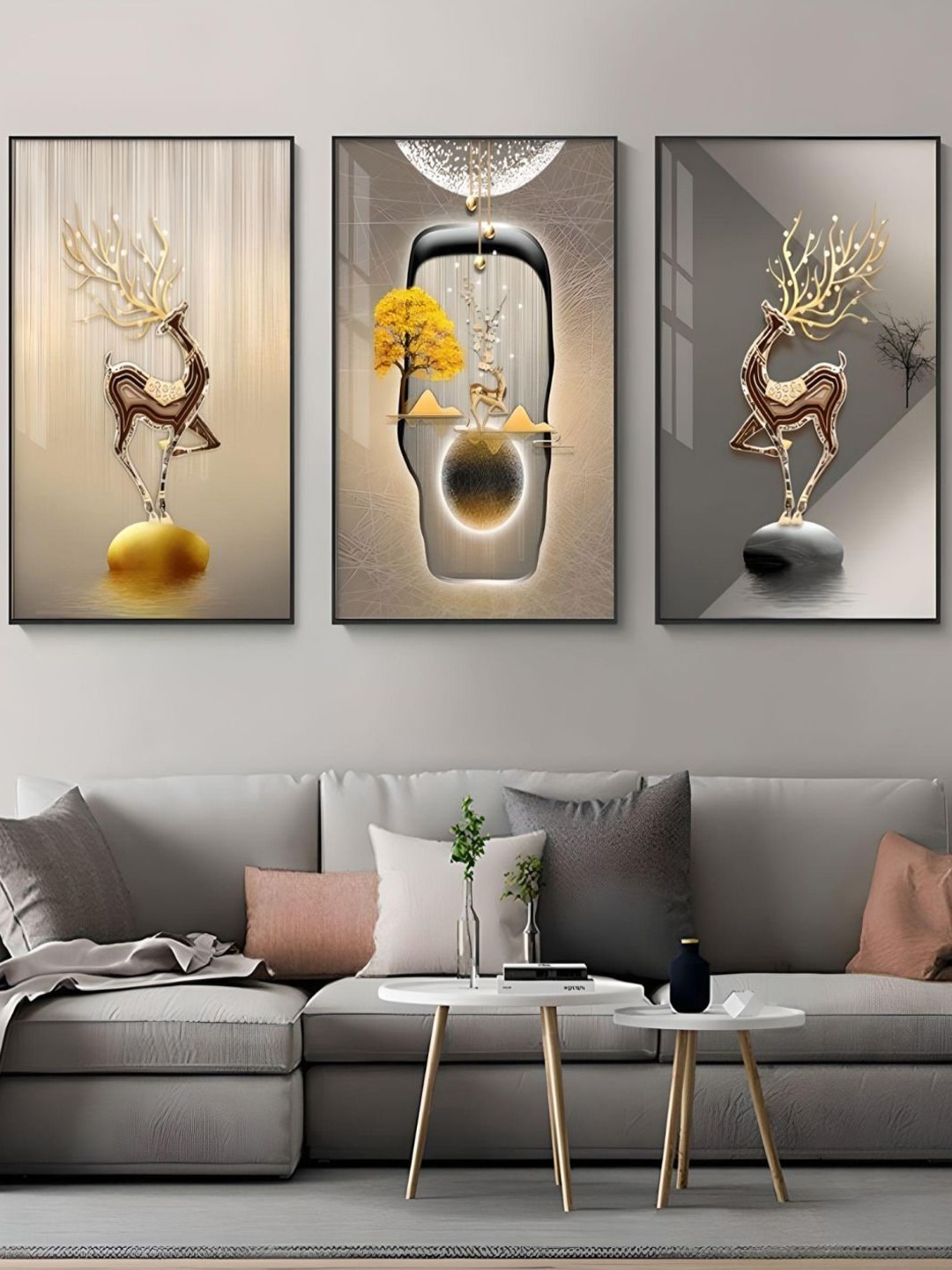 

THE HANDMADE FLAIR Beige 3 Pcs Abstract Auspicious Golden Stag Landscape Wall Painting