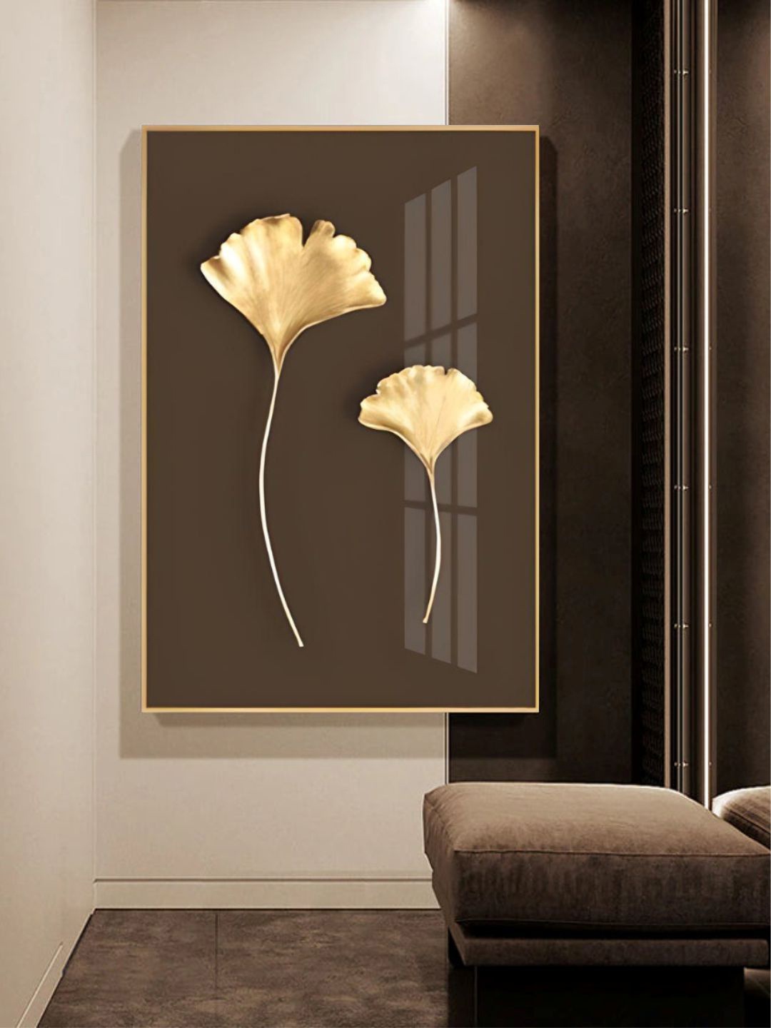 

THE HANDMADE FLAIR Brown & Golden Minimalist Leaf Painting Wall Art