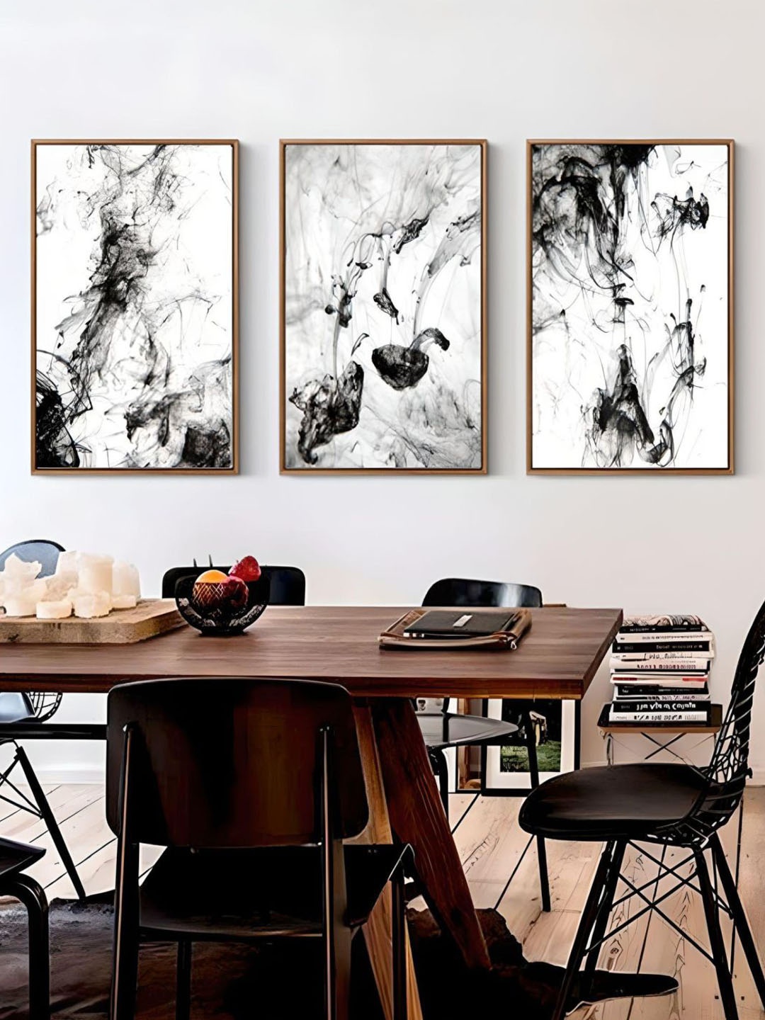 

THE HANDMADE FLAIR Black & White 3 Pieces Abstract Ink Crystal Porcelain Wall Art