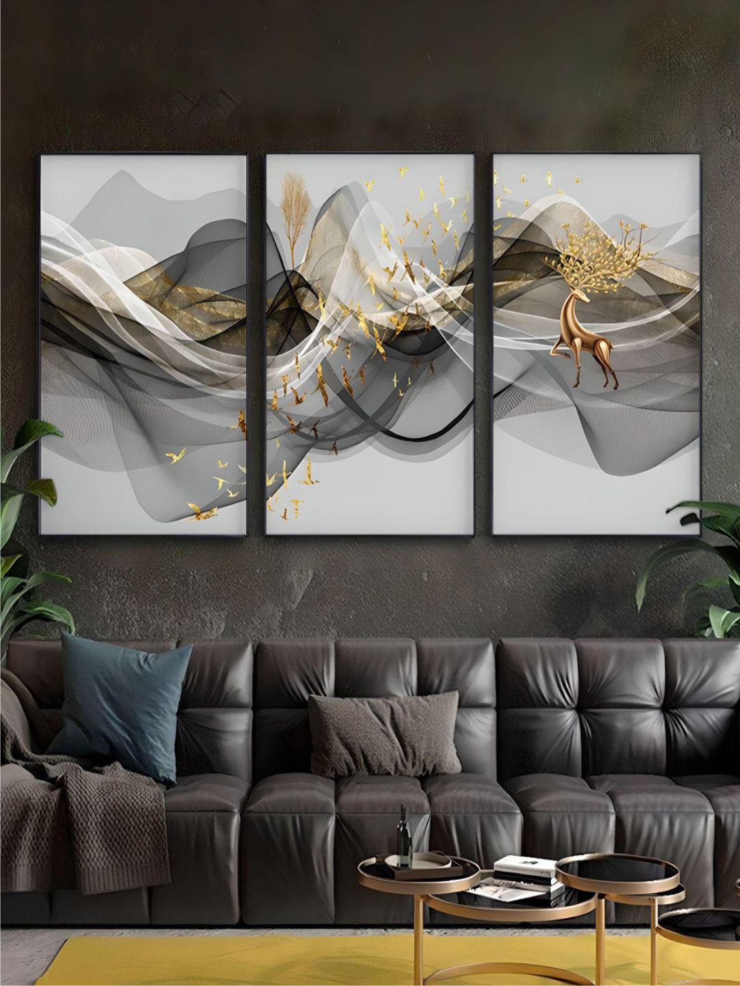 

THE HANDMADE FLAIR 3 Pcs White & Grey Flowing Golden Deer Painting Wall Art