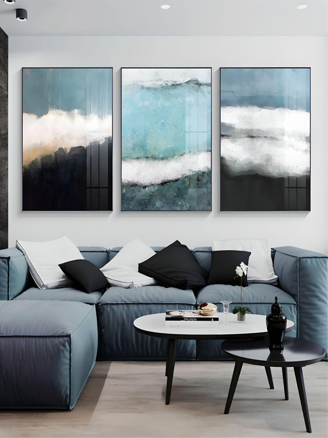 

THE HANDMADE FLAIR Blue & White 3 Pieces Abstract Framed Wall Art