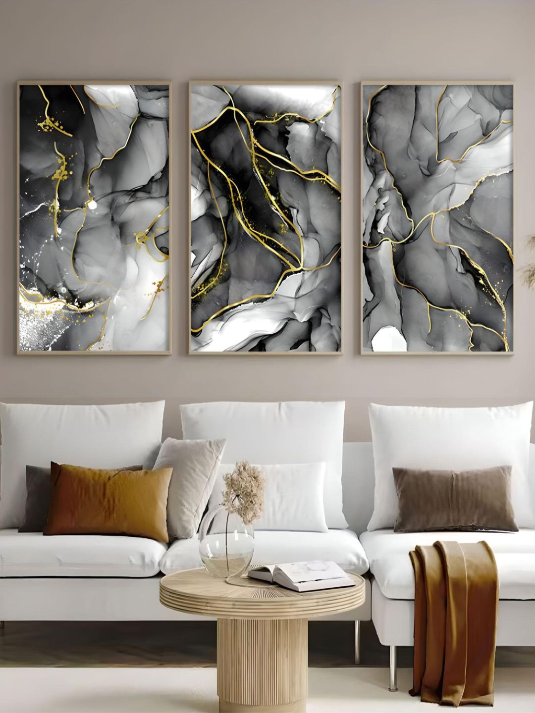 

THE HANDMADE FLAIR Black & Grey 3 Pieces Vein Marble Wall Arts
