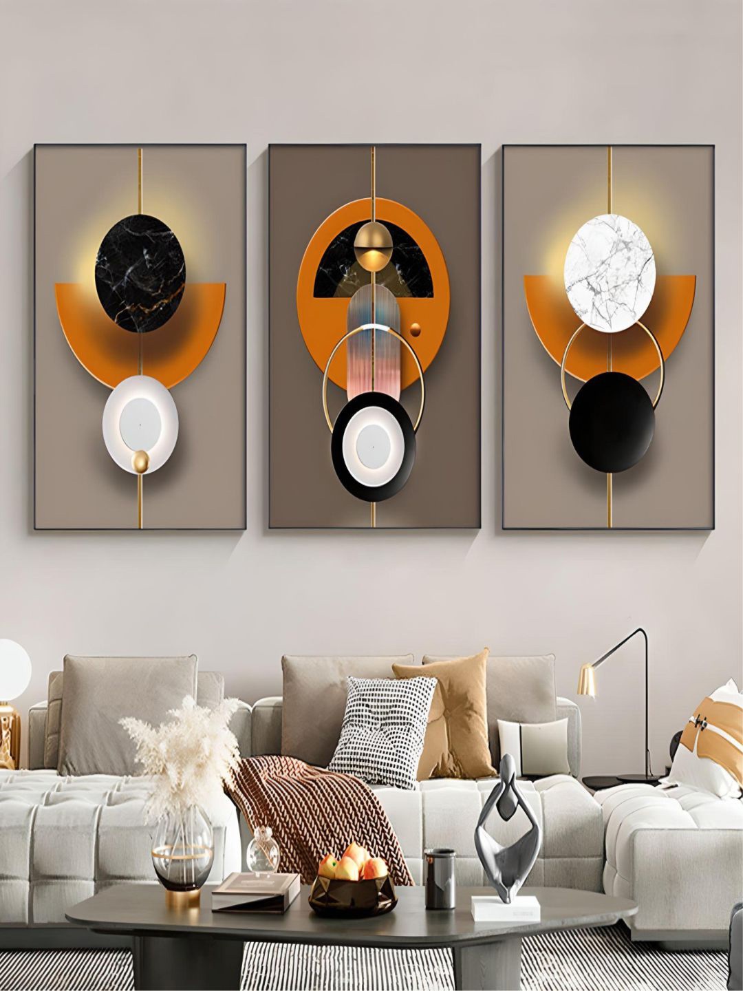 

THE HANDMADE FLAIR Beige & Orange 3 Pieces Abstract Elements Crystal Porcelain Wall Art