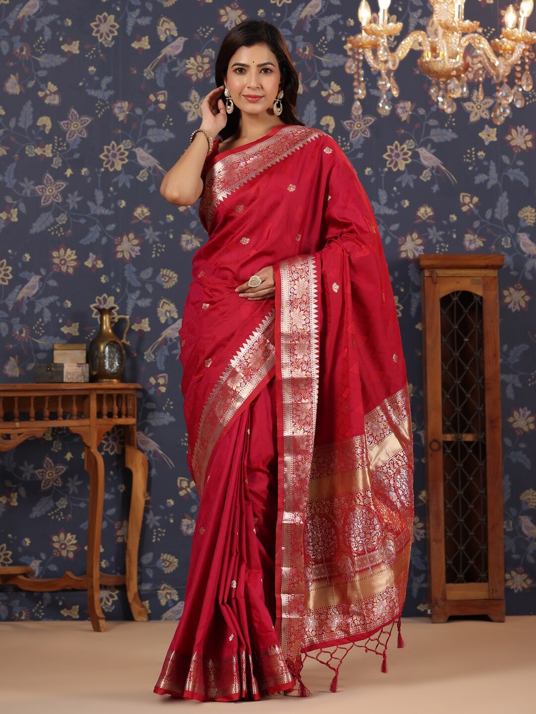 

House of Pataudi Floral Woven Design Satin Saree, Maroon
