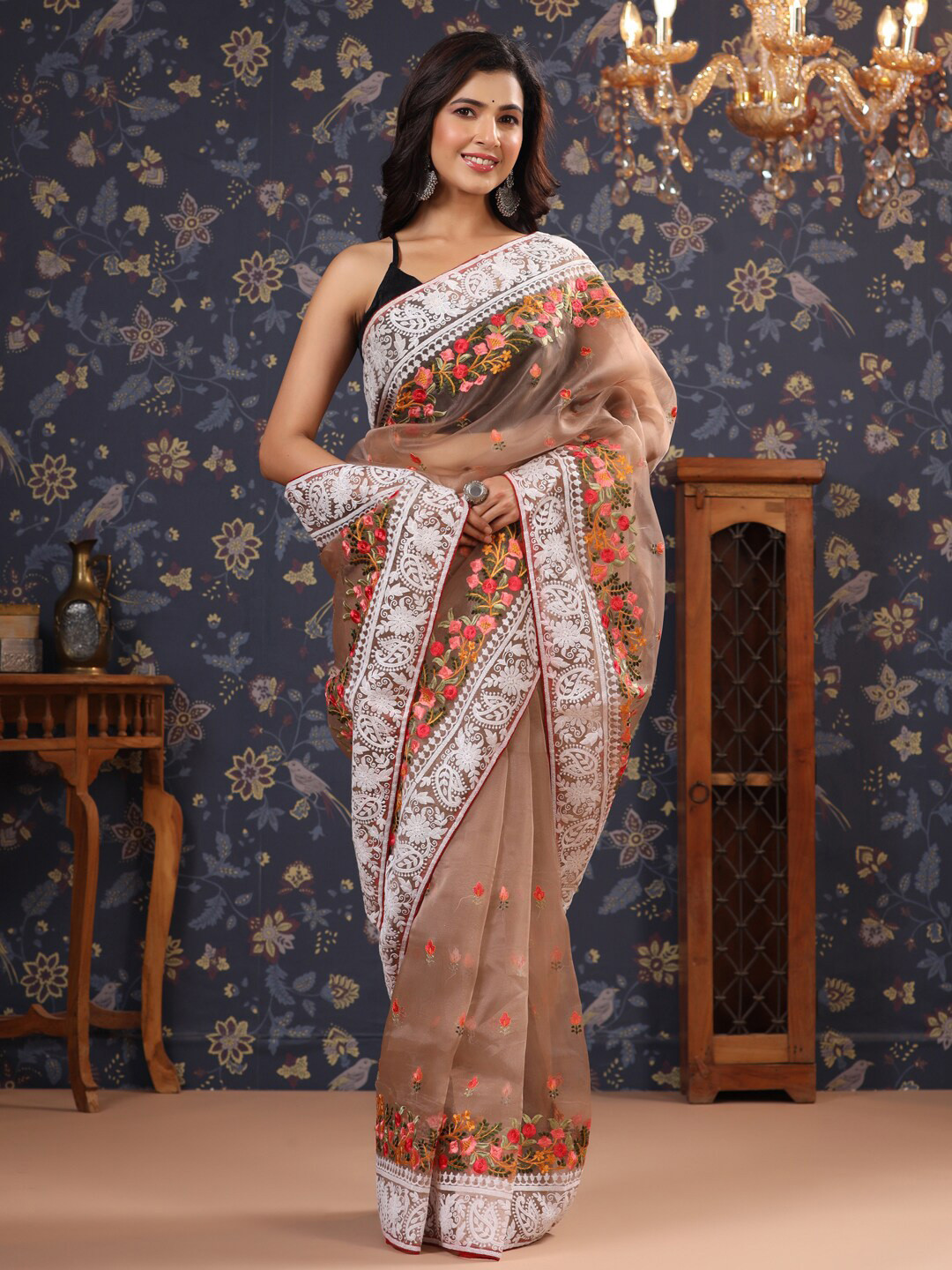

House of Pataudi Floral Embroidered Organza Saree, Brown