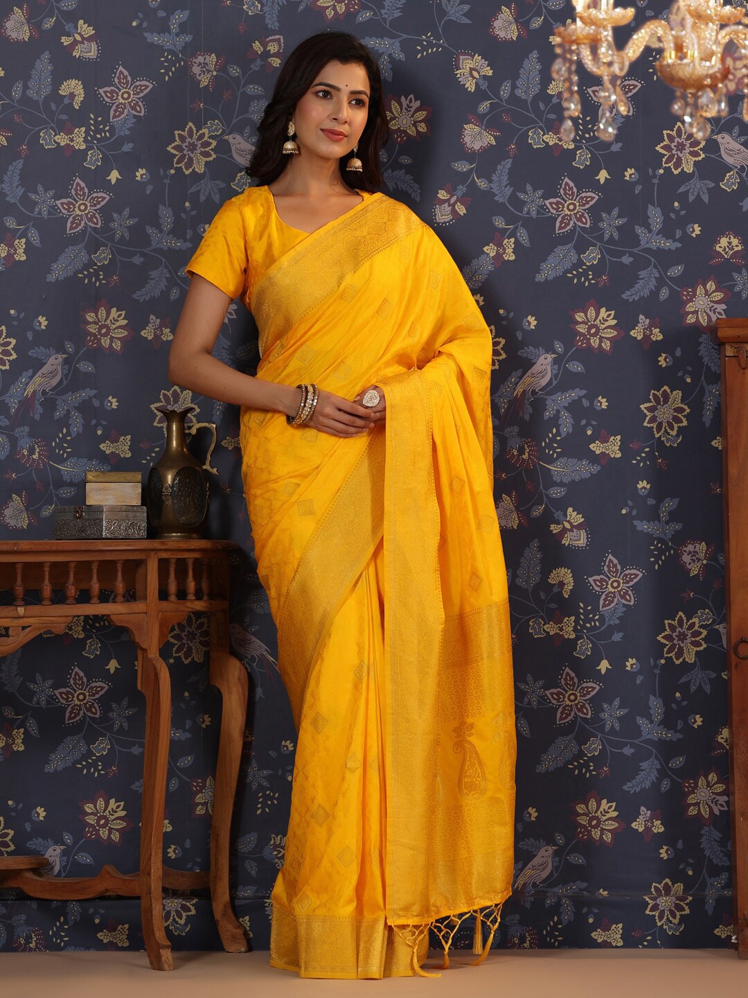 

House of Pataudi Ethnic Motifs Woven Design Pure Silk Saree, Mustard