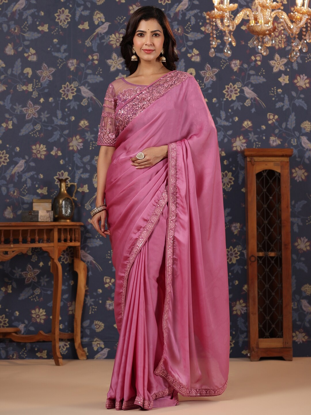 

House of Pataudi Embroidered Pure Silk Saree, Pink