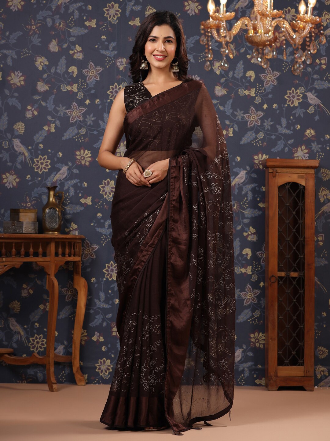 

House of Pataudi Embroidered Pure Chiffon Saree, Brown