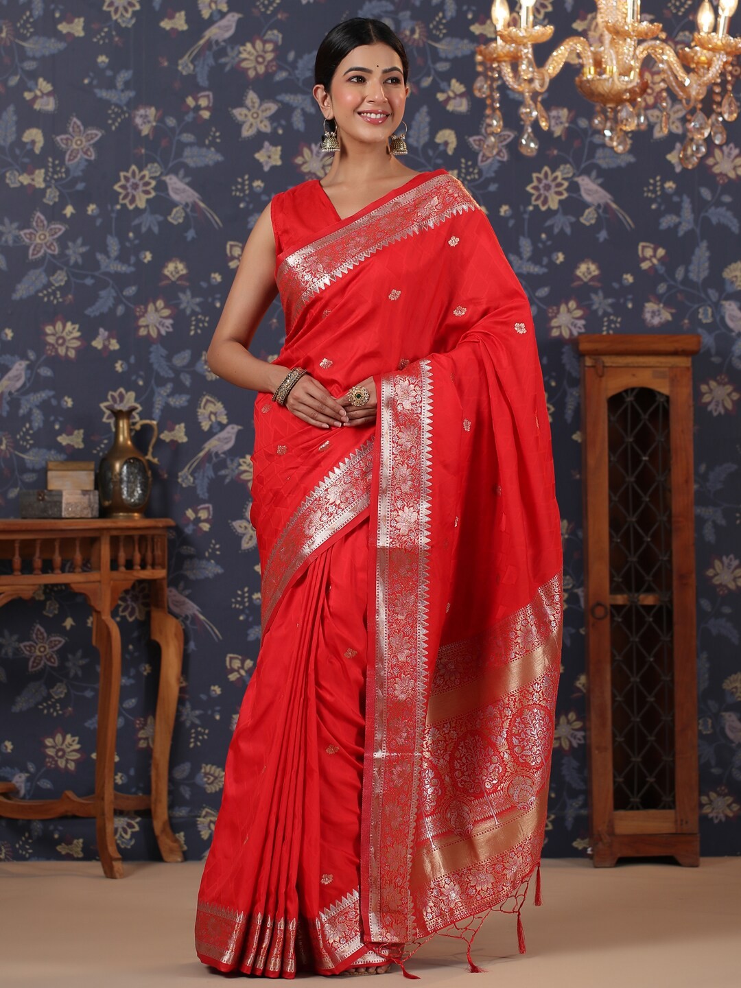 

House of Pataudi Ethnic Motifs Woven Design Satin Saree, Red