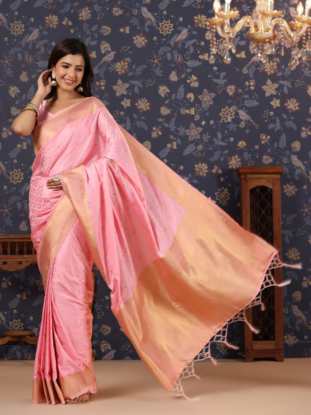 

House of Pataudi Ethnic Motifs Woven Design Pure Silk Saree, Pink