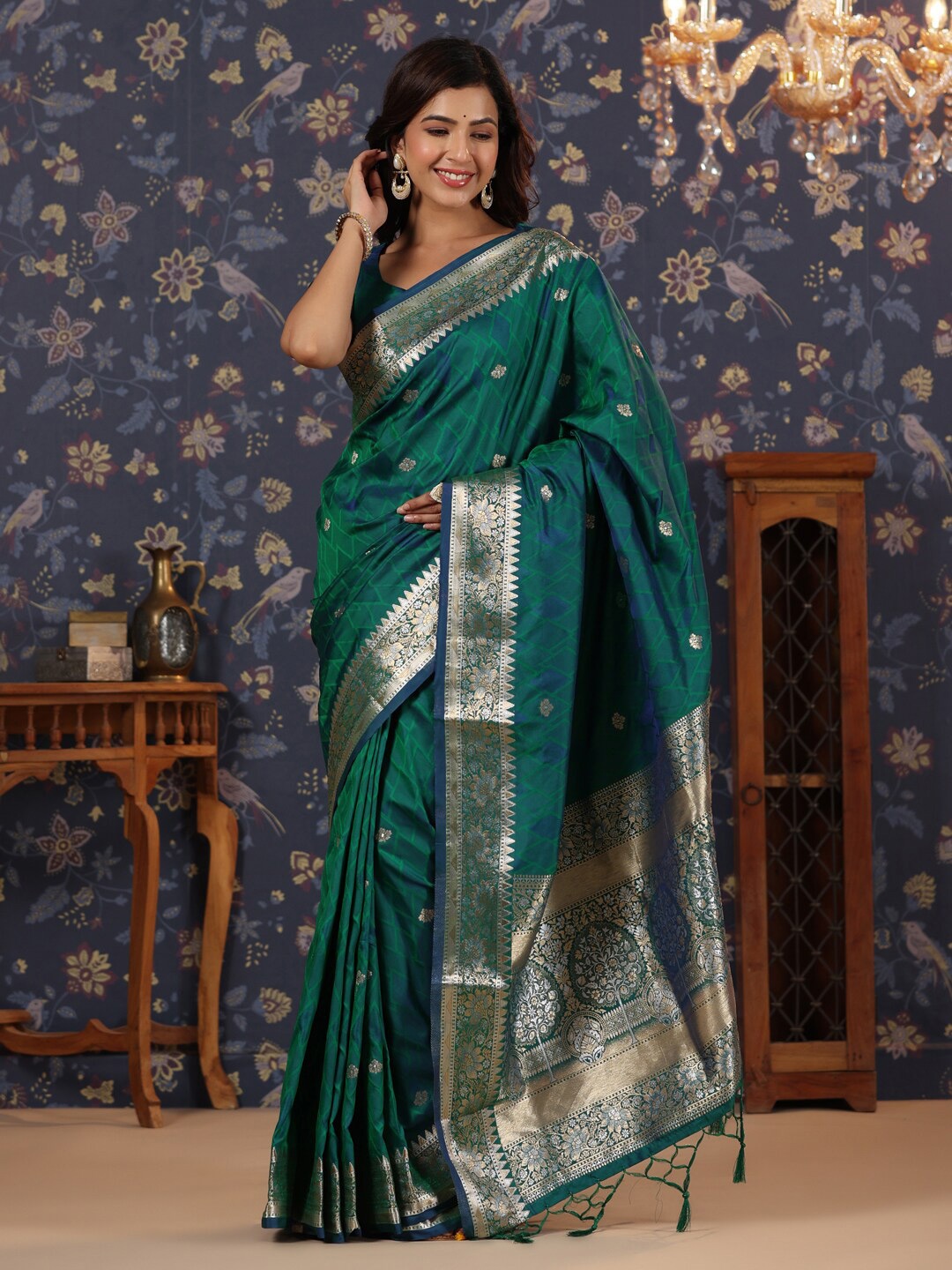 

House of Pataudi Ethnic Motifs Woven Design Zari Satin Saree, Green