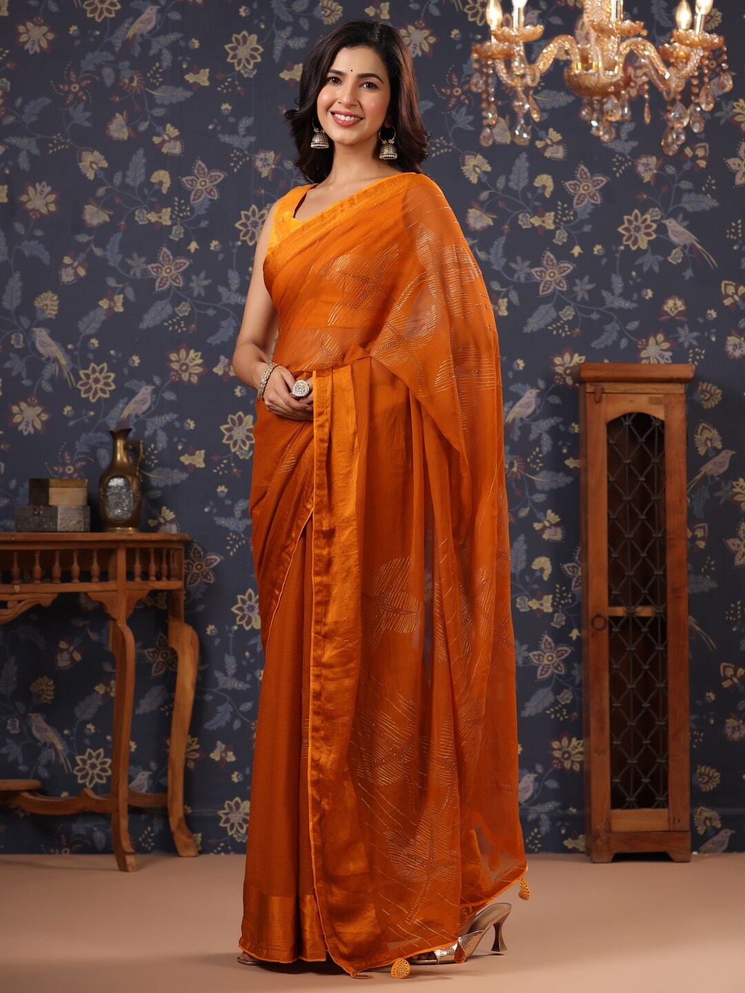 

House of Pataudi Floral Printed Pure Chiffon Saree, Mustard