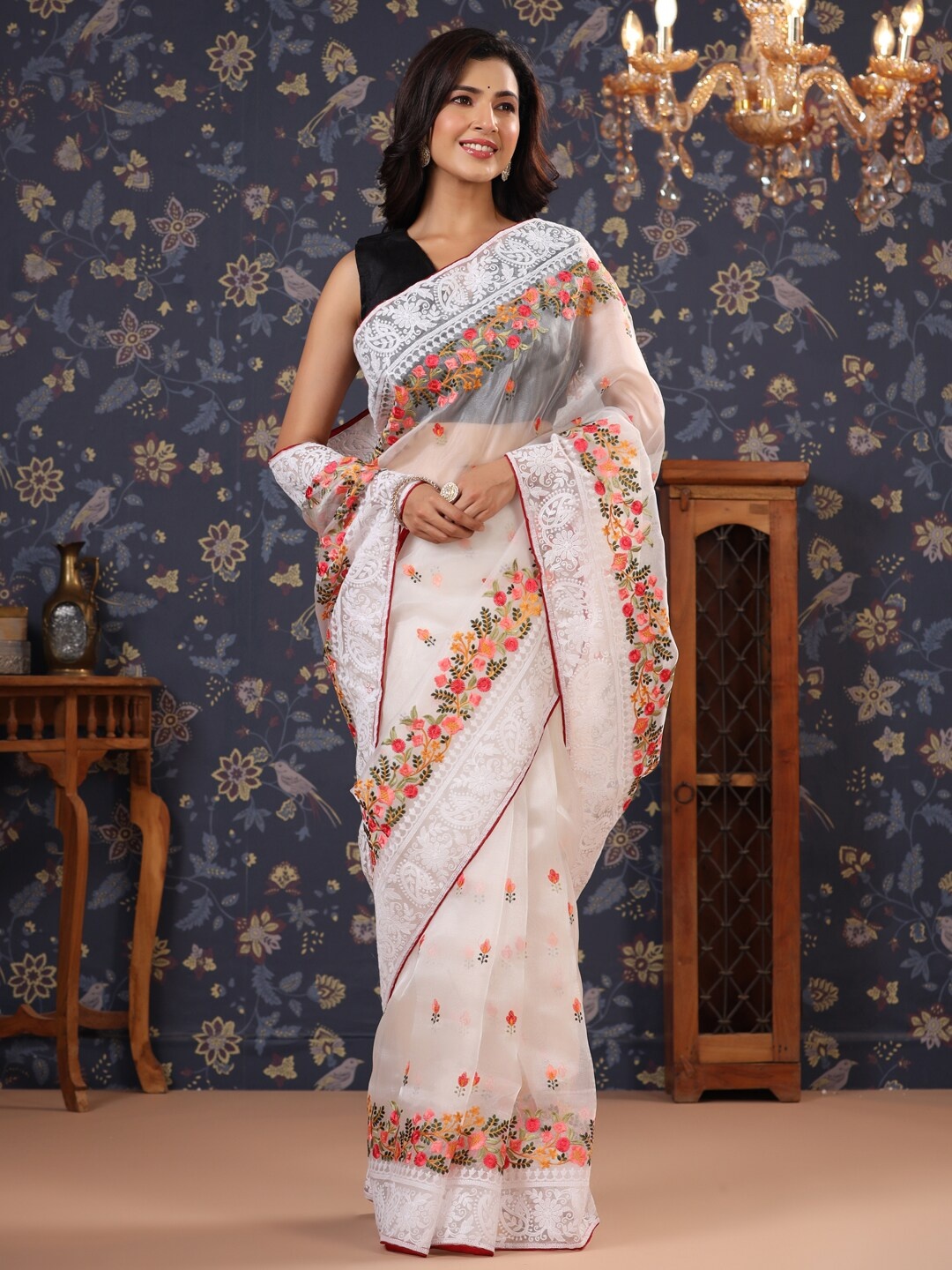 

House of Pataudi Floral Embroidered Organza Sarees, White