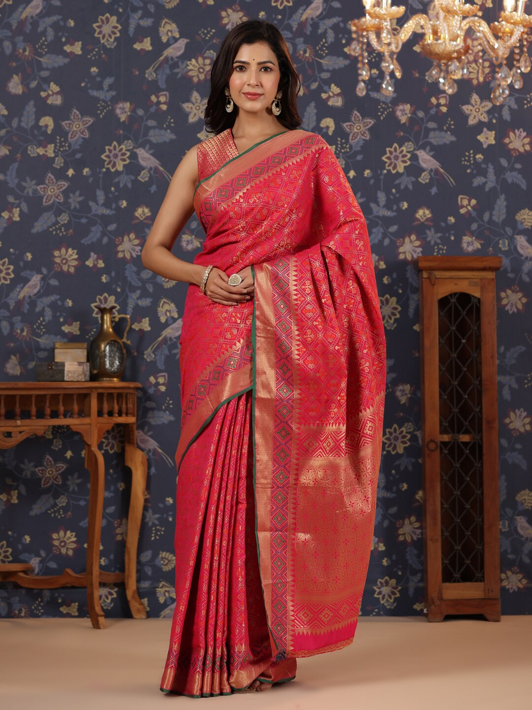 

House of Pataudi Ethnic Motifs Woven Design Zari Pure Silk Sarees, Pink