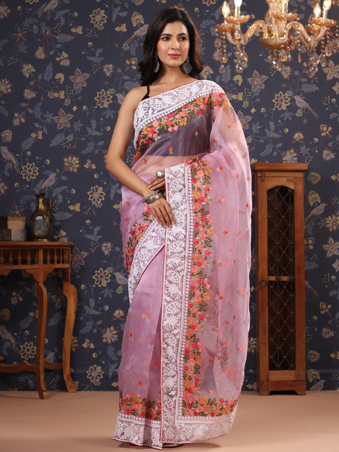 

House of Pataudi Floral Embroidered Organza Sarees, Pink