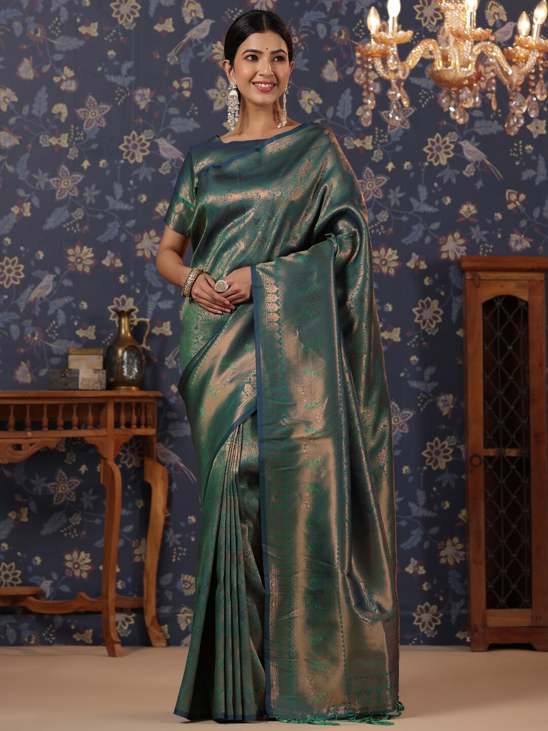 

House of Pataudi Ethnic Motifs Woven Design Zari Pure Silk Saree, Olive