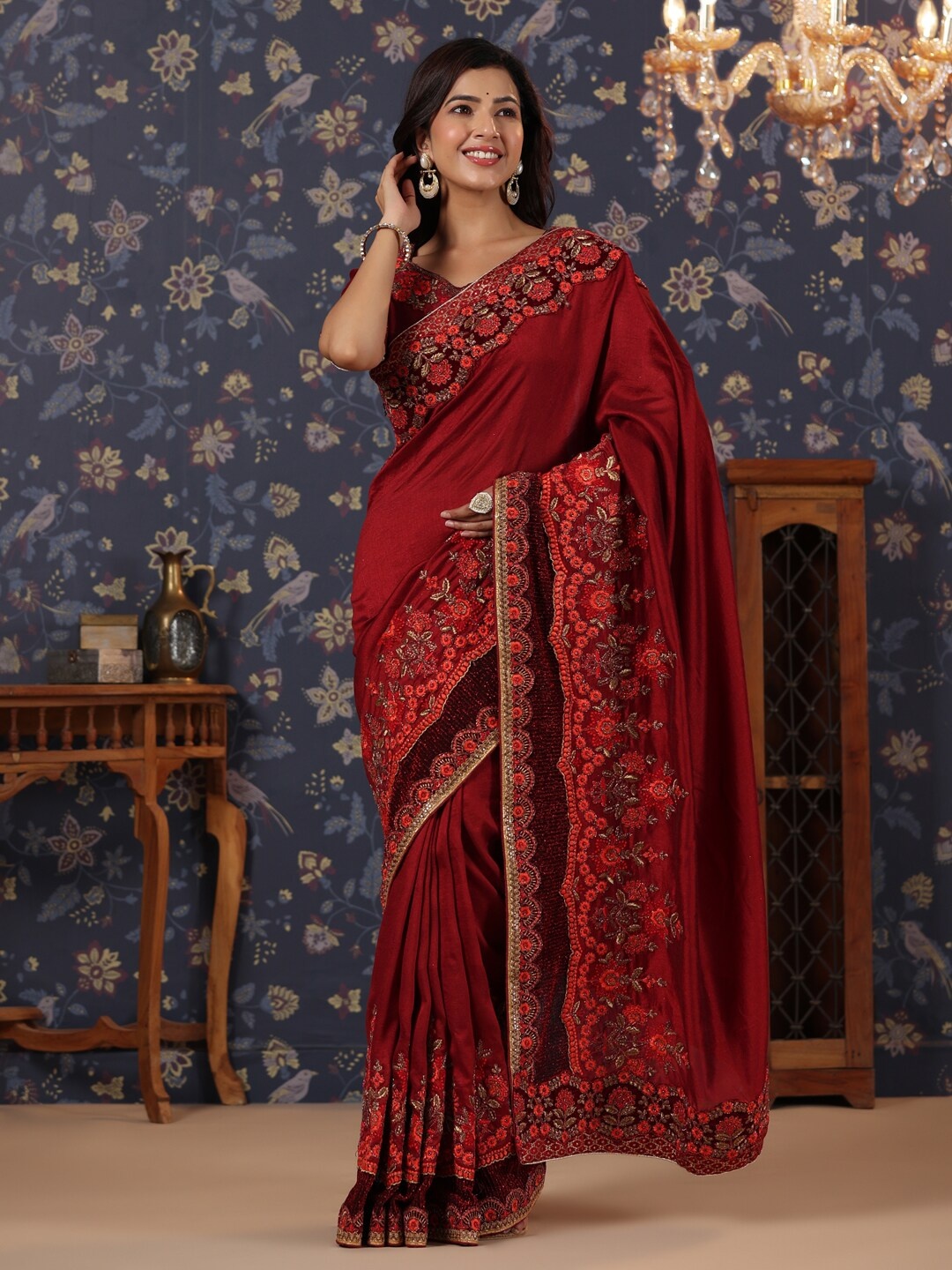 

House of Pataudi Embroidered Border Silk Blend Sarees, Maroon