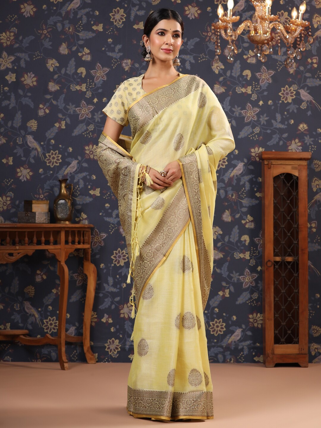 

House of Pataudi Ethnic Motifs Woven Design Zari Pure Linen Saree, Yellow