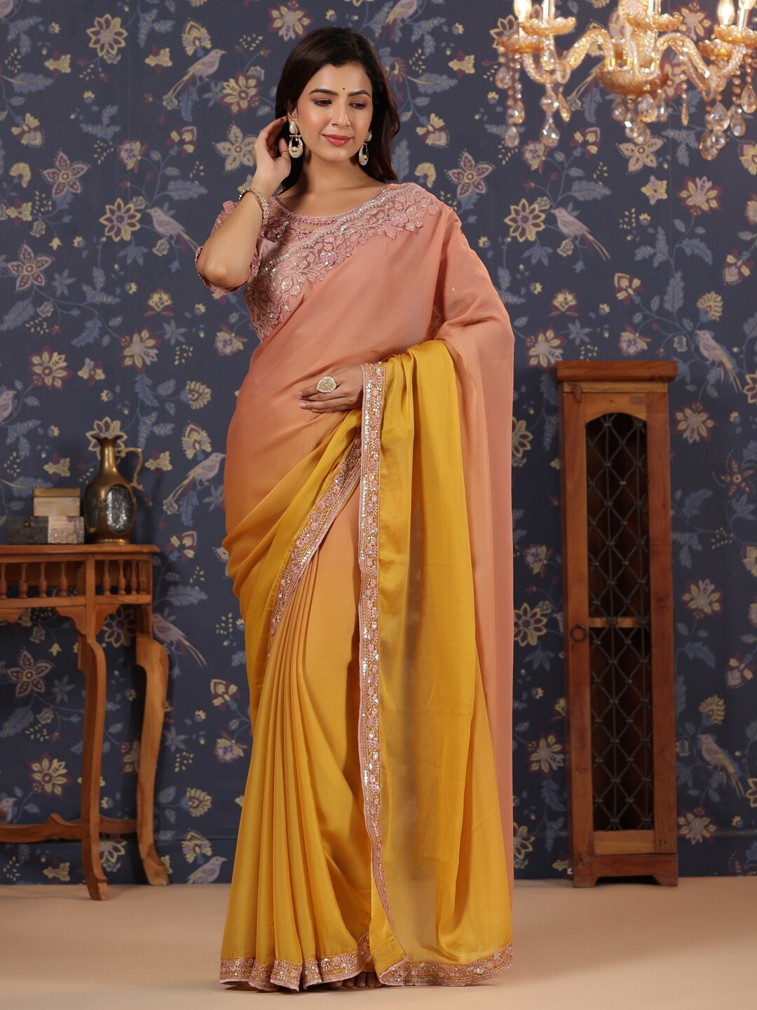 

House of Pataudi Embroidered Border Pure Silk Saree, Peach