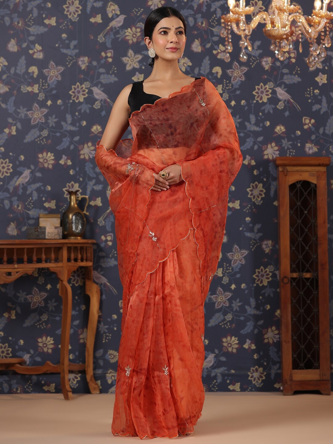 

House of Pataudi Abstract Printed Organza Saree, Orange