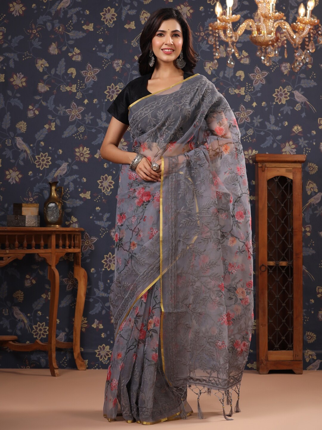 

House of Pataudi Floral Embroidered Organza Sarees, Grey
