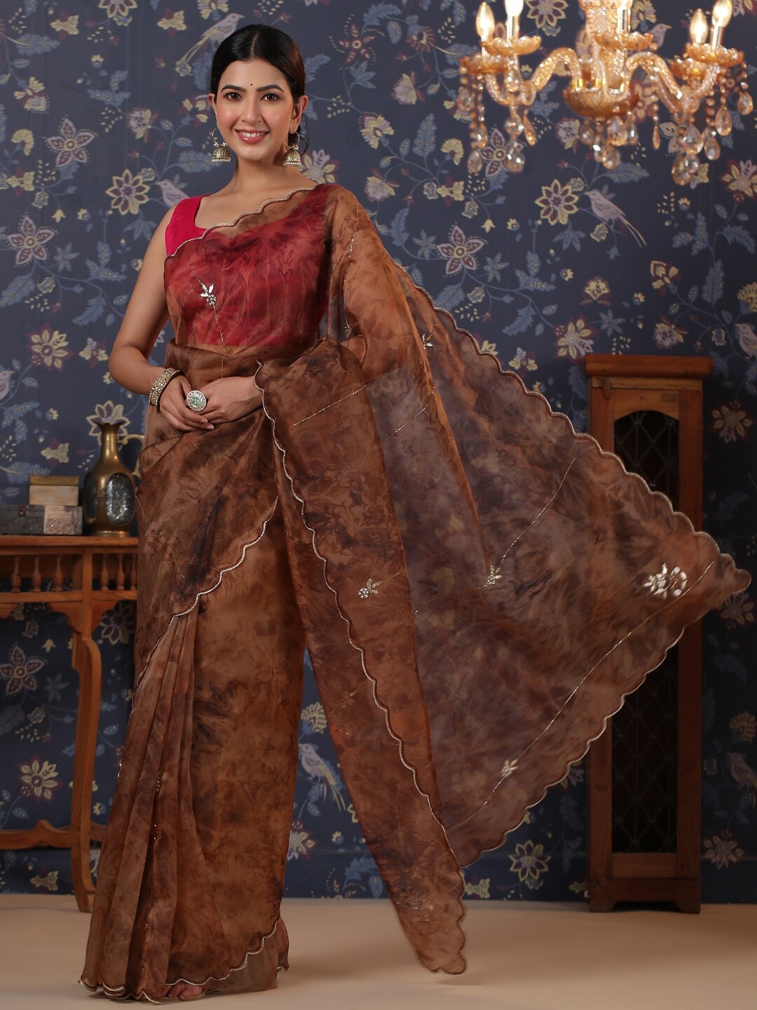 

House of Pataudi Abstract Printed Organza Saree, Brown