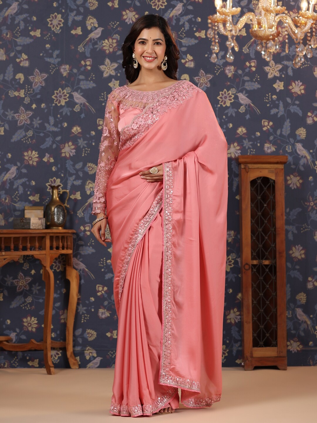 

House of Pataudi Embroidered Border Pure Silk Saree, Pink