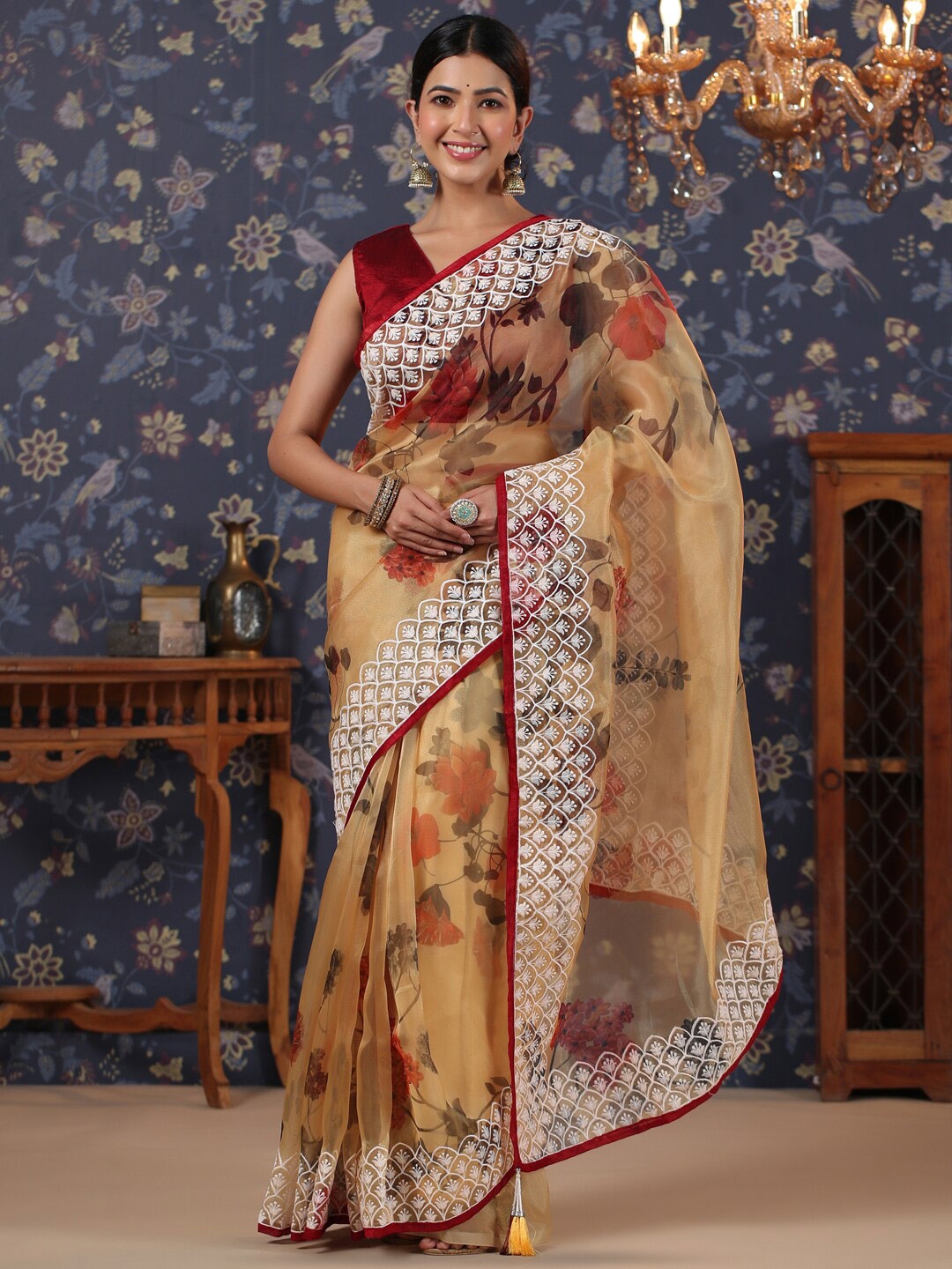 

House of Pataudi Floral Printed Embroidered Organza Saree, Beige