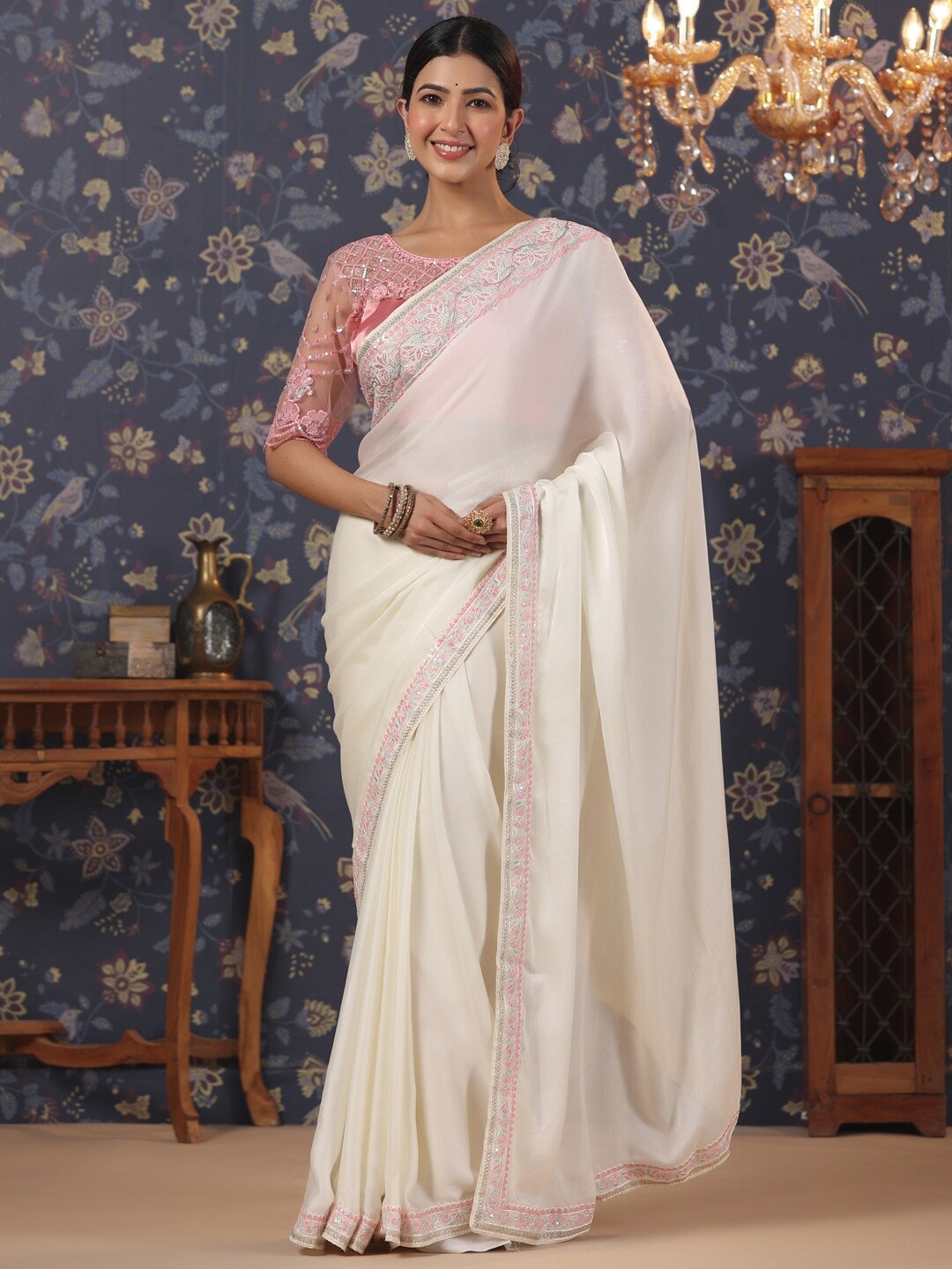 

House of Pataudi Embroidered Pure Silk Designer Saree, White