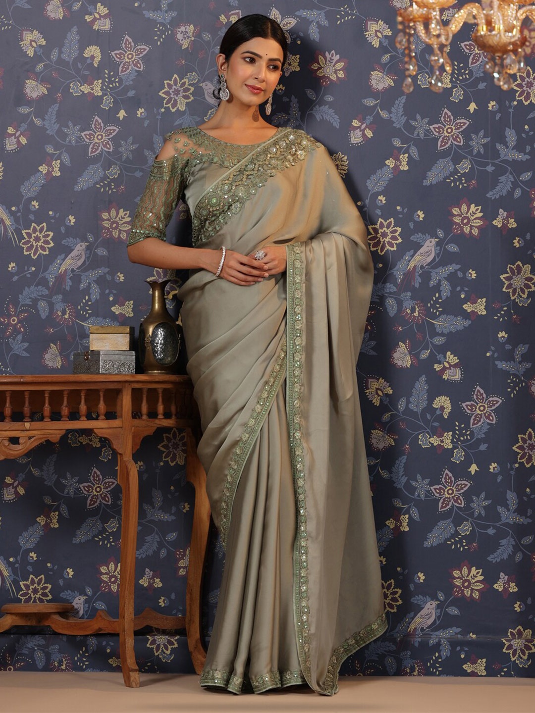 

House of Pataudi Embroidered Pure Silk Designer Saree, Green