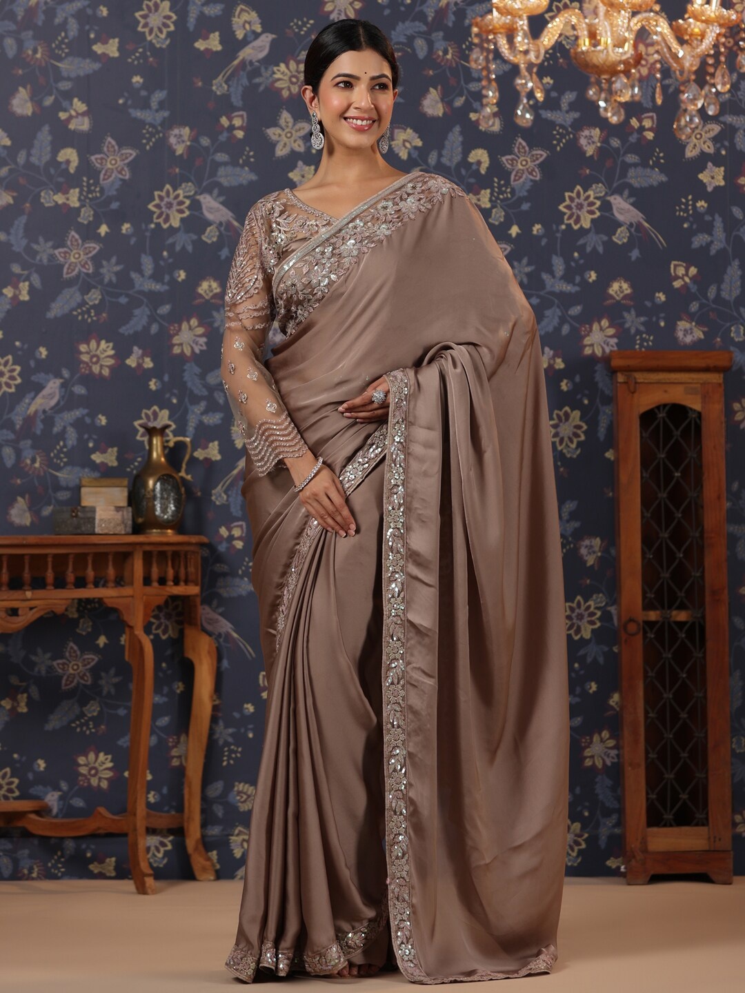 

House of Pataudi Beads and Stones Pure Silk Designer Saree, Grey