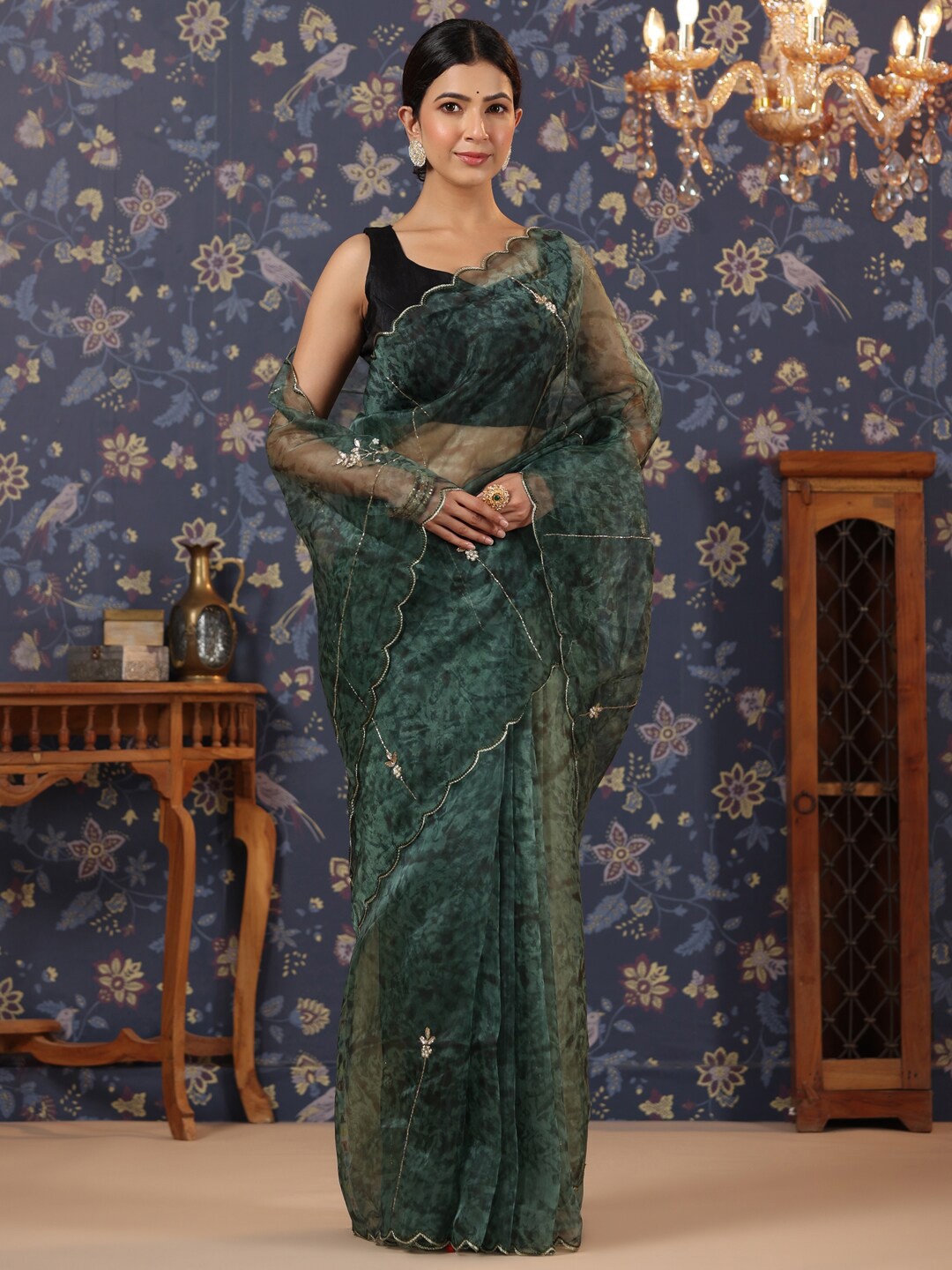 

House of Pataudi Abstract Printed Organza Saree, Teal