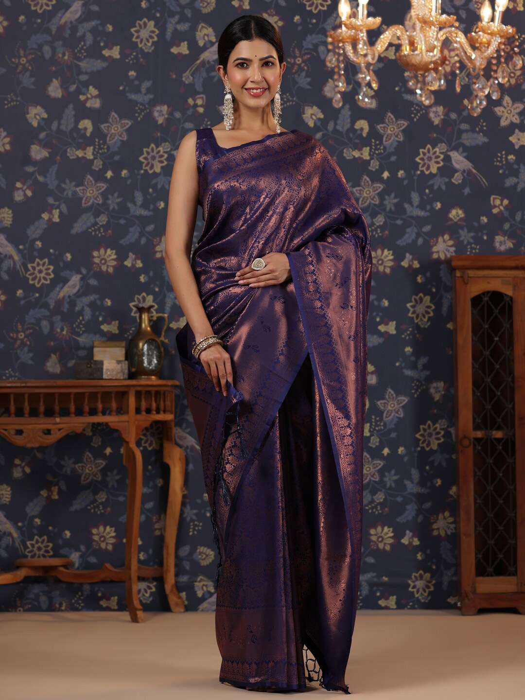 

House of Pataudi Floral Woven Design Pure Silk Saree, Purple