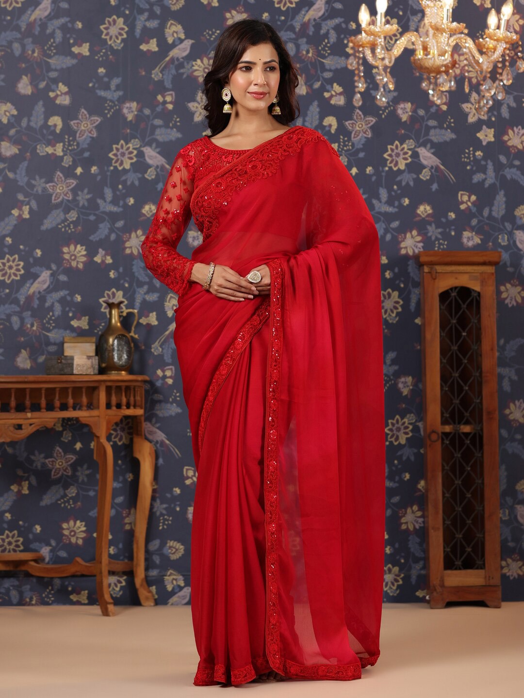 

House of Pataudi Embroidered Pure Silk Saree, Red