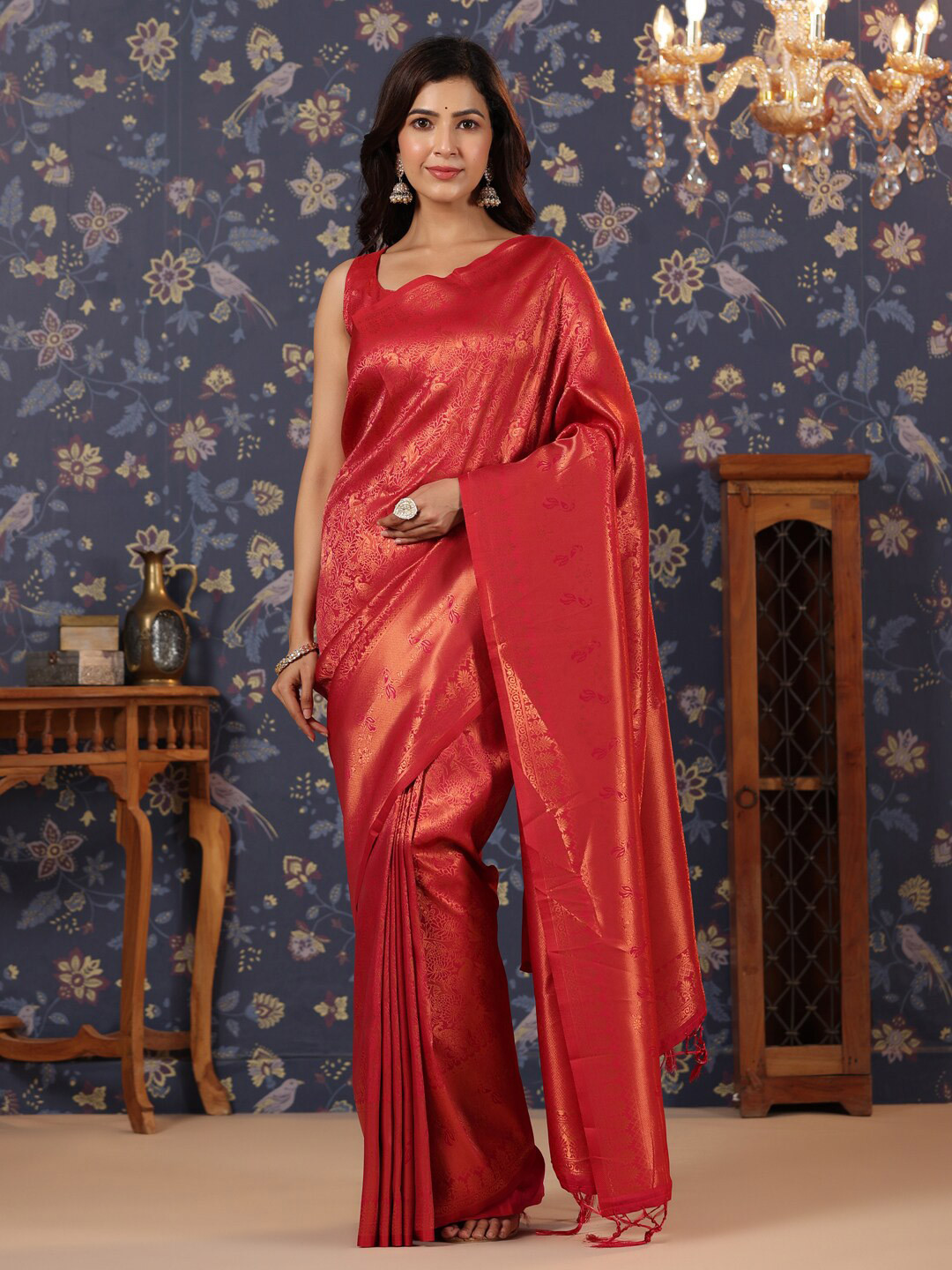 

House of Pataudi Floral Woven Design Pure Silk Saree, Red