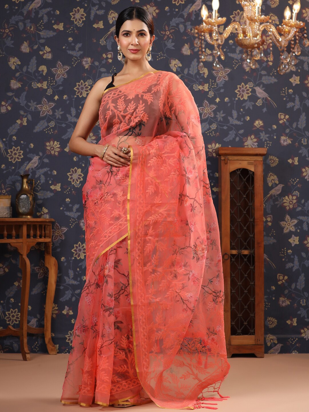 

House of Pataudi Floral Embroidered Organza Saree, Peach