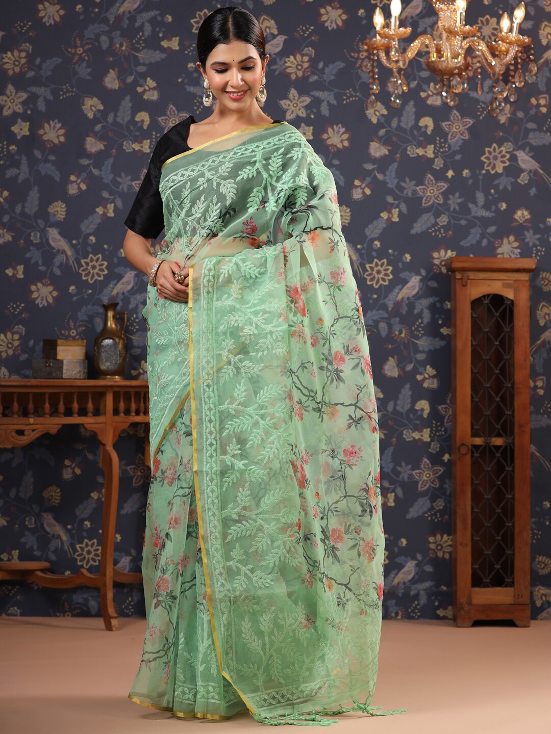 

House of Pataudi Floral Embroidered Organza Saree, Green