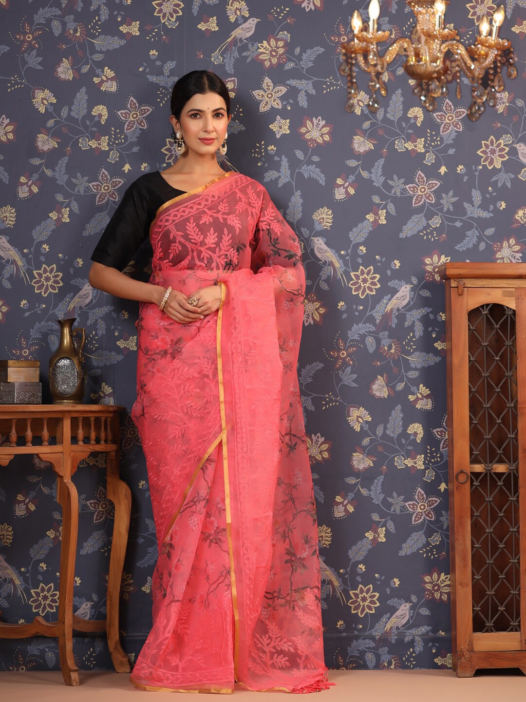 

House of Pataudi Embroidered Organza Saree, Pink