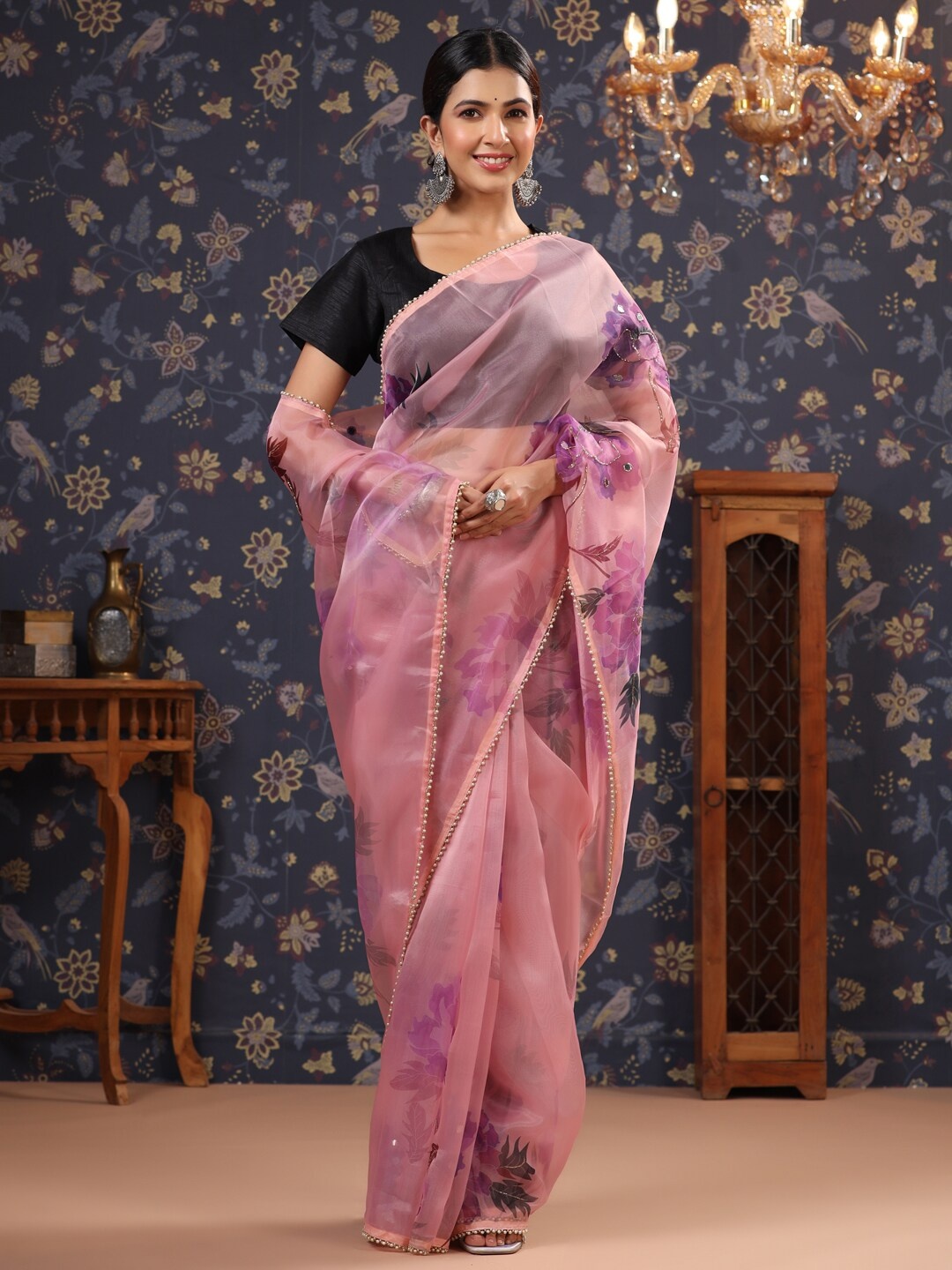 

House of Pataudi Floral Printed Organza Saree, Pink