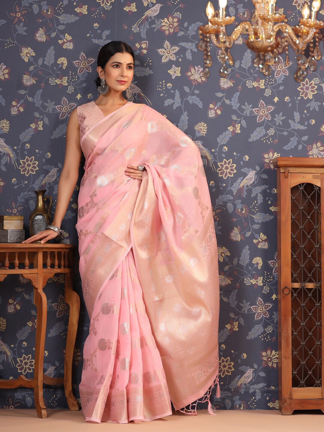 

House of Pataudi Floral Woven Design Pure Linen Saree, Pink