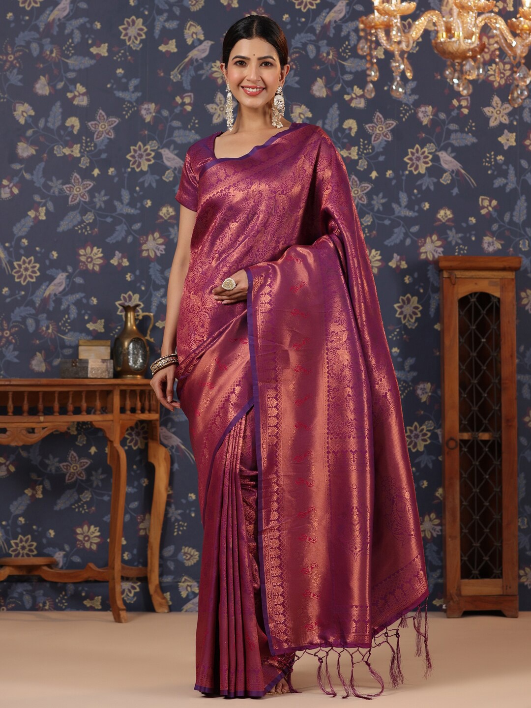 

House of Pataudi Floral Woven Design Pure Silk Saree, Purple