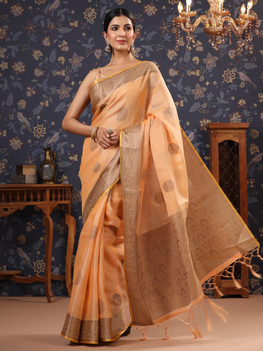 

House of Pataudi Floral Woven Design Pure Linen Saree, Orange